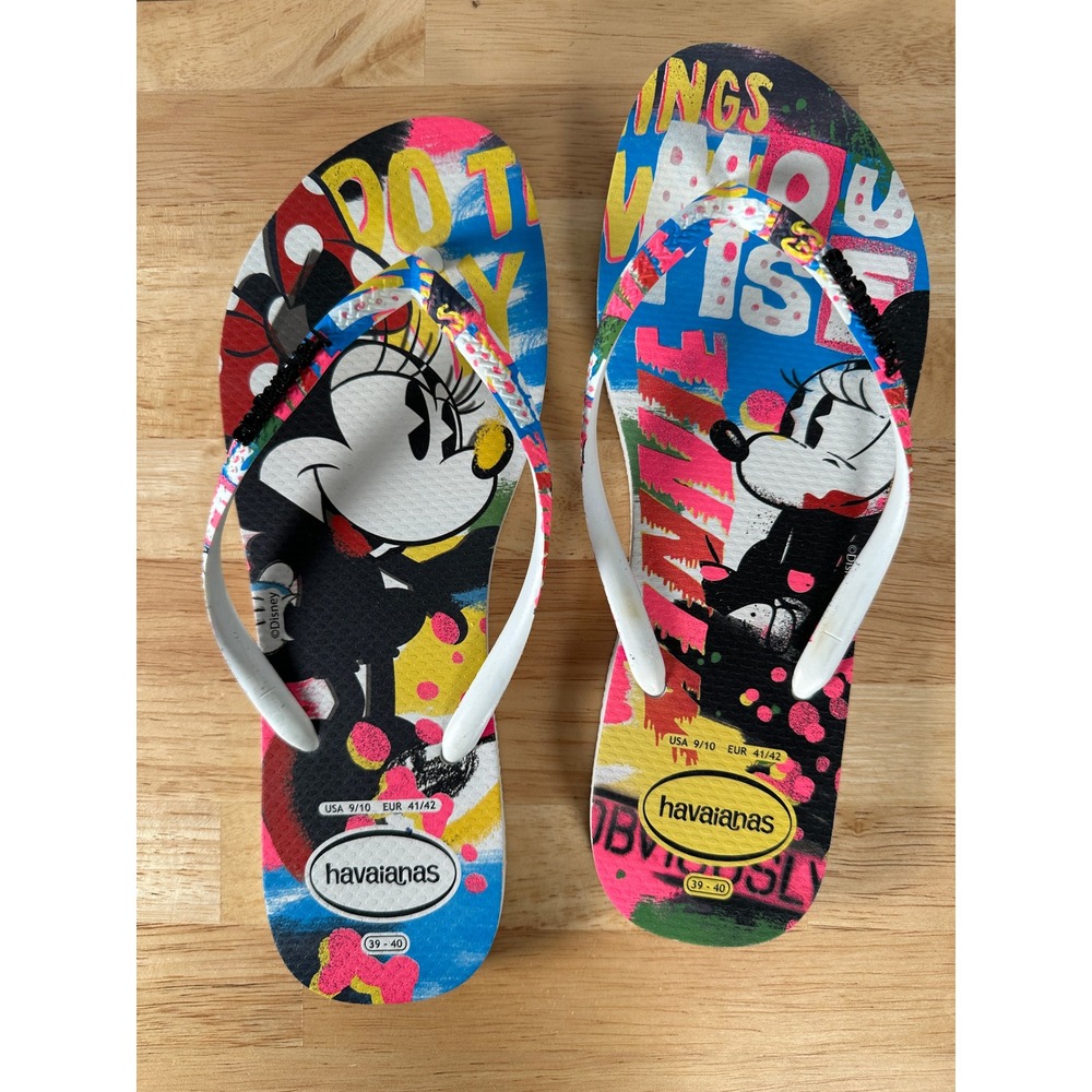 Disney Minnie Mouse Flip Flops Havaianas Graffiti Pop Art Sandals Size 9/10